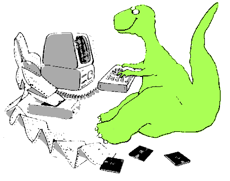 Dinosaur typing at a computer