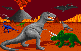 Many dinosaurs with a volcano in background