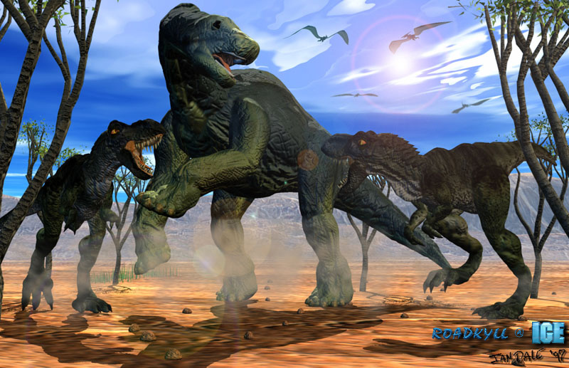 Two T-Rex type dinos attackng a brontosaurus