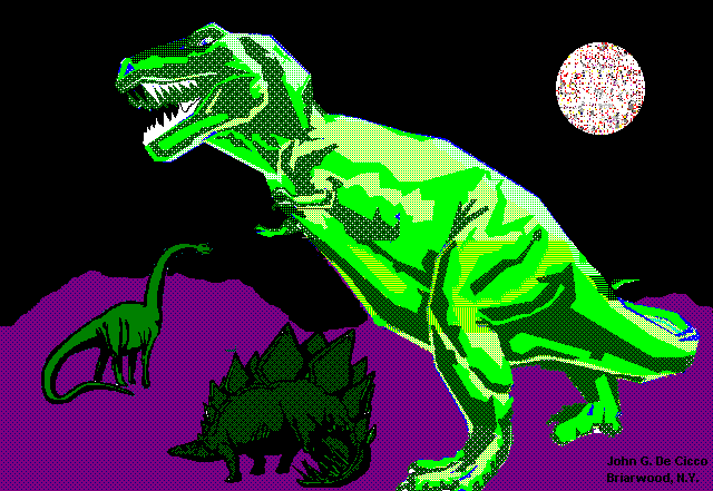 Comic book-style picture of T-Rex with smaller dinosaurs in background