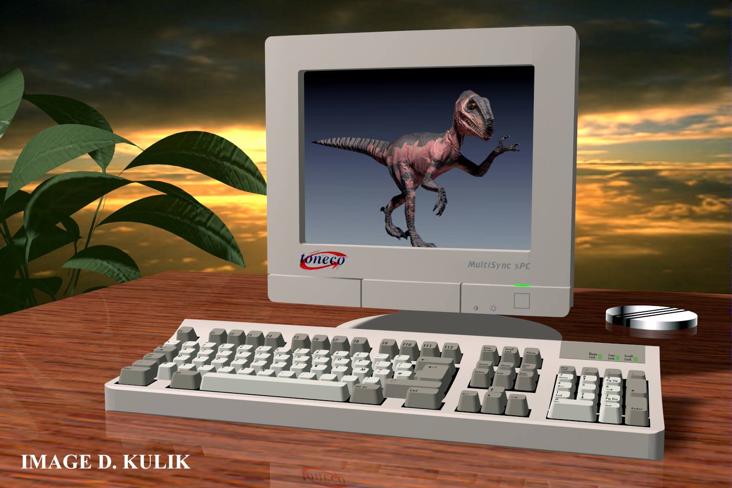 CG computer workstation with a CG dinosaur on monitor