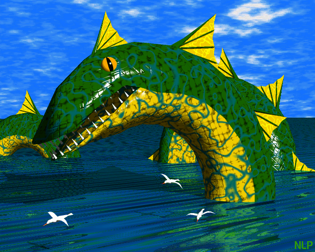 Sea serpent-like dinosaur. Green with a yellow belly. It is CG generated.